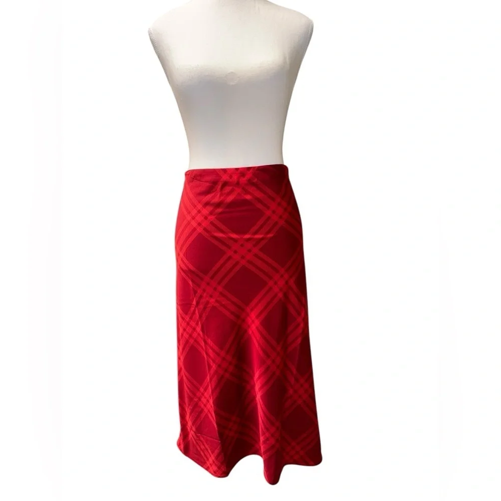 NWT- J.Crew Mid-Rise Bias-Slip Straight Midi Skirt – Red Plaid  - Size Large